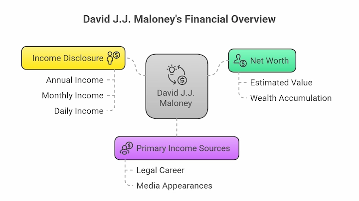 David J J Maloney’s financial overview chart showing net worth, income disclosure, and income sources