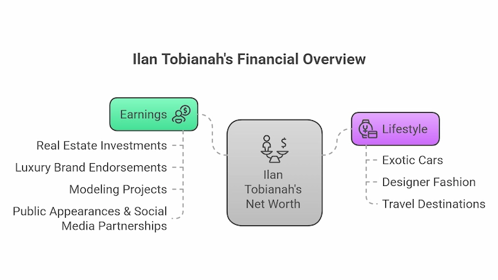 Ilan Tobianah’s financial overview chart showing earnings sources and luxury lifestyle elements 2025