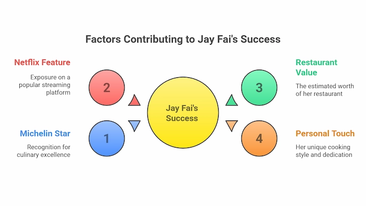 Infographic showing 4 key factors that led to Jay Fai’s success, including Michelin star and Netflix