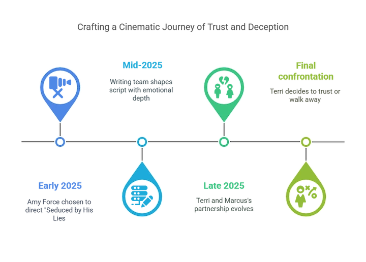 Graphic timeline showing key milestones in the origins and development of Seduced by His Lies.