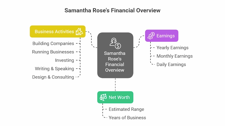 Samantha Rose’s financial overview diagram showing business activities, earnings, and net worth.