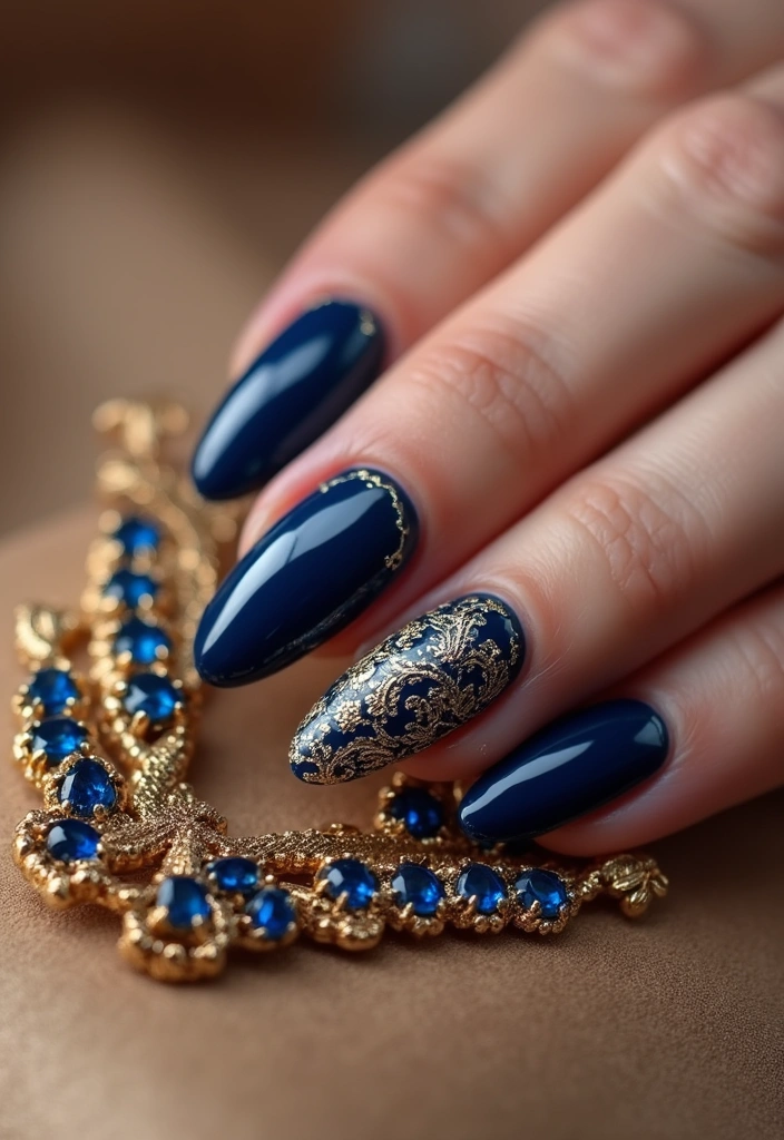 30 Fresh Nail Designs to Kick Off January in Style - 16. Vintage Sapphire and Gold